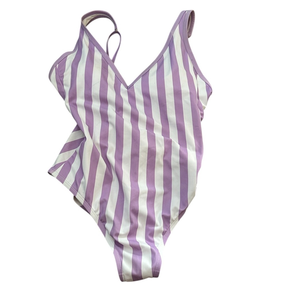 Kona Sol Purple and White Striped One Piece Swimsuit